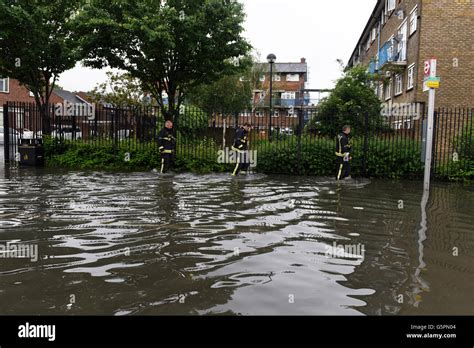 London Uk 23rd June 2016 Heavy Rain Causes Flooding In East London