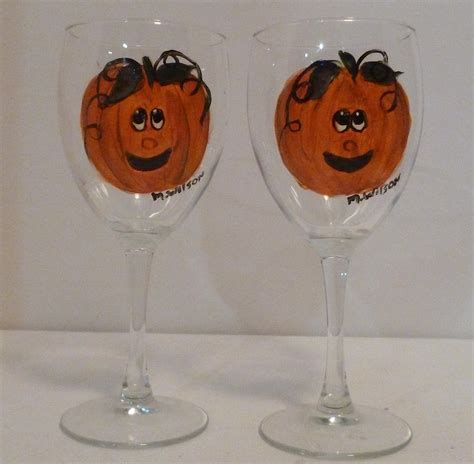 Hand Painted Halloween Pumpkin Wine Glasses Set Of 2