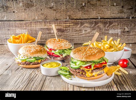 Homemade Burgers On Wooden Background Stock Photo Alamy
