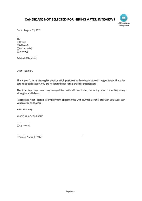 Kostenloses Rejection Letter For Job Interview