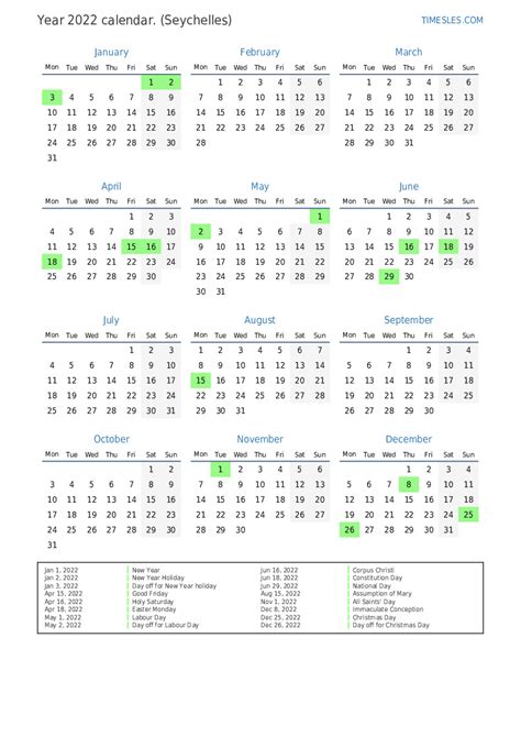Calendar For 2022 With Holidays In Seychelles Print And Download Calendar
