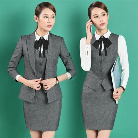 Long Sleeve Elegant Grey Blazers Suits With Jackets And Skirt Formal
