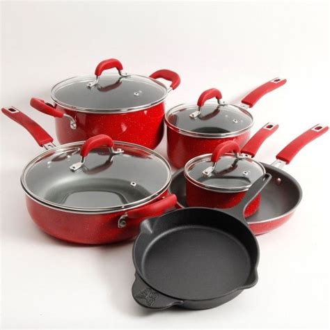 The set is available in multiple colors, often at slightly different prices. Cookware Set Nonstick Aluminum 10 Piece Red Speckled Color ...