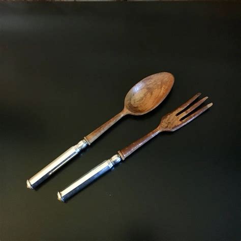 Vintage Wooden Salad Spoon And Fork With Sterling Silver Handles