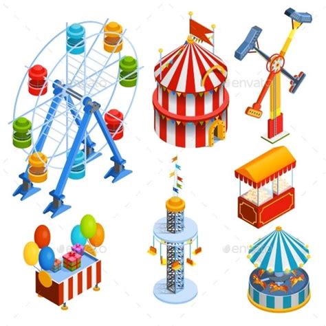 Amusement Park Isometric Decorative Icons | Amusement park, Cartoon styles, Amusement