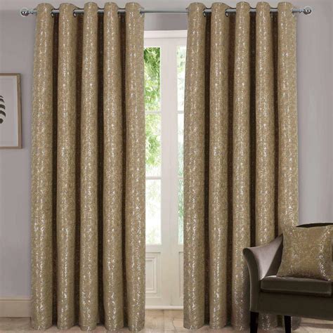 Gold Eyelet Curtains Metallic Jacquard Ready Made Lined Ring Top