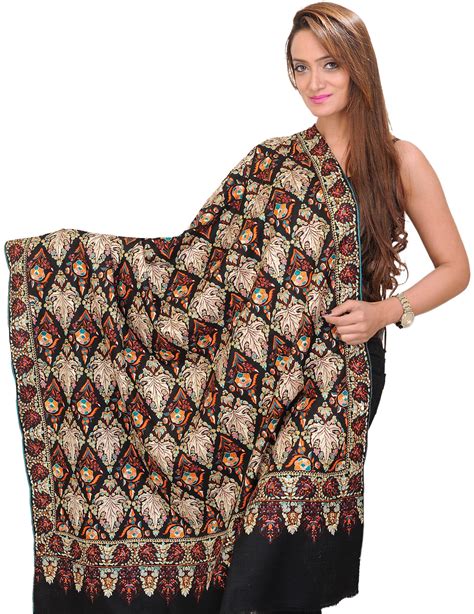 Jet Black Pure Pashmina Shawl From Kashmir With Sozni Embroidered