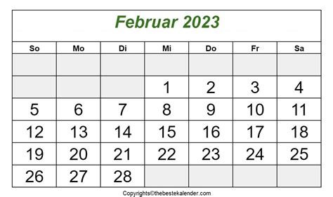 Druckbare Februar 2023 Kalender Zum Ausdrucken Pdf Excel