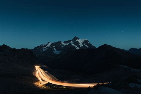 Mountain Road Long Exposure Light Trails Stars Night