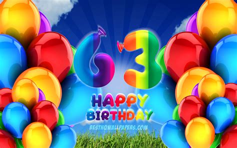 Download Wallpapers 4k Happy 63 Years Birthday Cloudy Sky Background