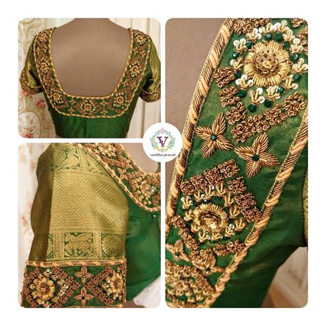 Green Colour Embroidery Blouse Back Neck Hands Designs For Bridal