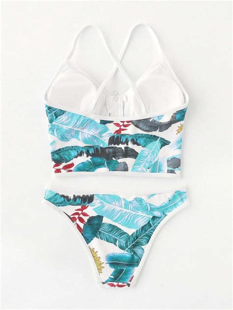 Contrast Piping Zipper Front Criss Cross Bikini Set Shein 6213 Hot