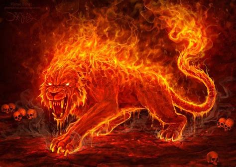 A Fire Lion With Skulls On The Ground And Flames Coming Out Of Its