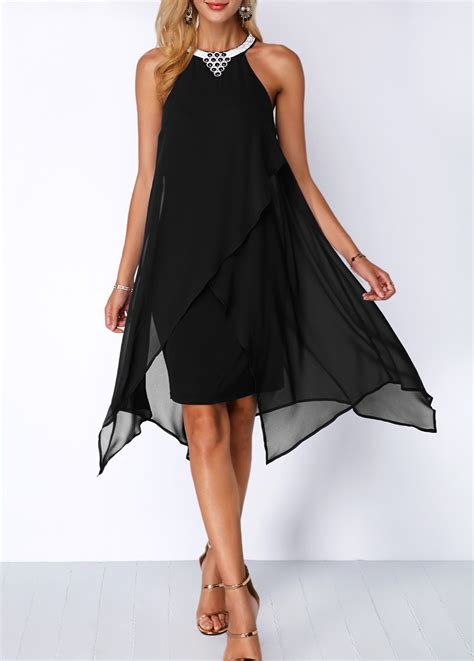 Embellished Neck Chiffon Overlay Black Dress Rosewe Com Usd
