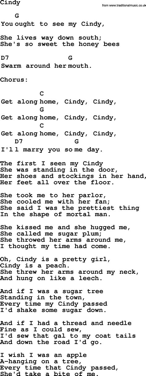 Top 1000 Folk And Old Time Songs Collection Cindy Lyrics With Chords