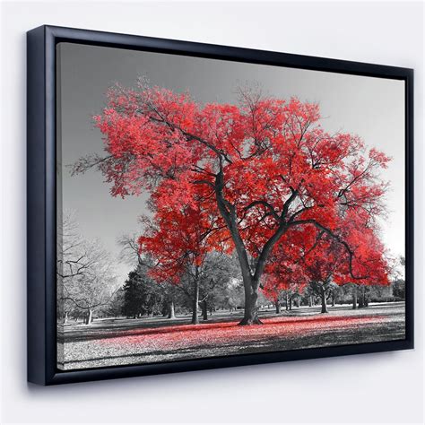 Designart Big Red Tree On Foggy Day Landscape Framed Canvas Art Print