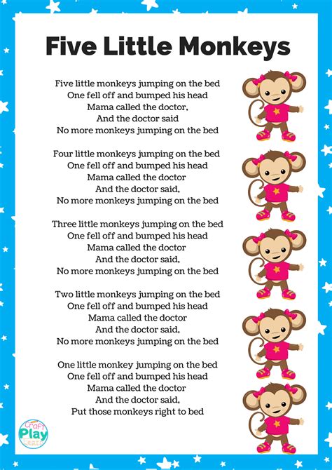 Four little monkeys jumping on the bed. Five Little Monkeys Printable And Activity Ideas - Craft Play Learn