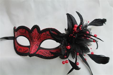 red and black masquerade mask for masked ball with flower and etsy