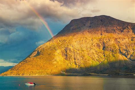 Fjord With Rainbow At Sunset Light Stock Photo Image Of Ocean