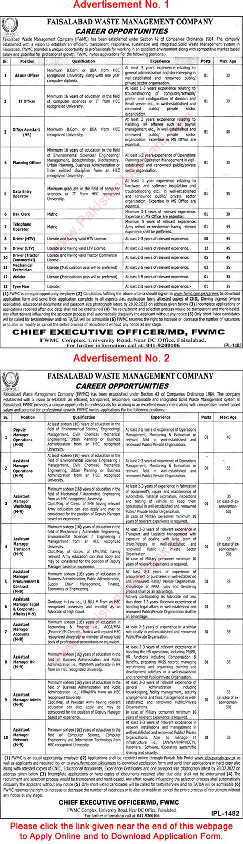 Faisalabad Waste Management Company Jobs February 2022 FWMC Online