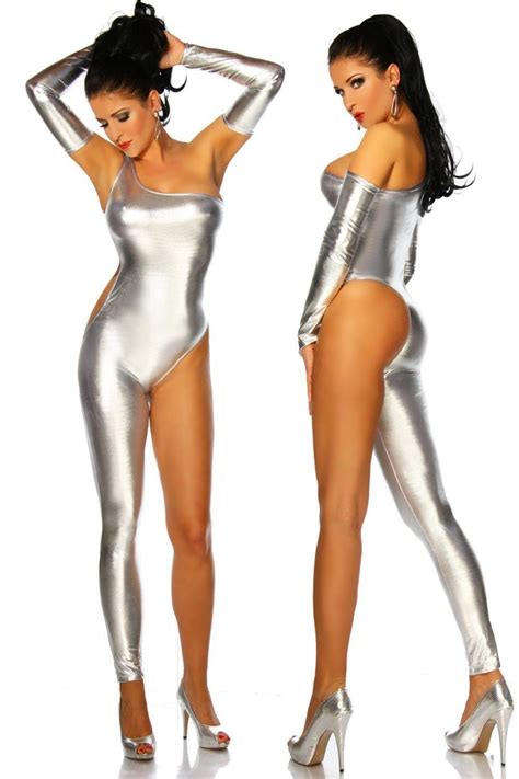 silver wetlook catsuit sexy lingerie