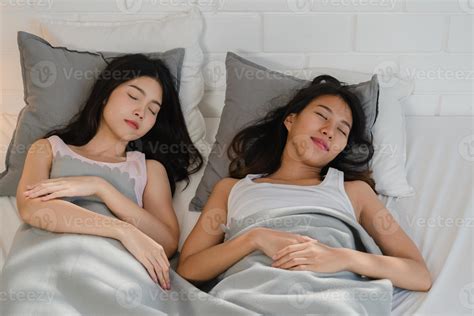 Asian Lesbian Couple Sleep Together At Home Young Asian Lgbtq Women Happy Relax Rest Lying On