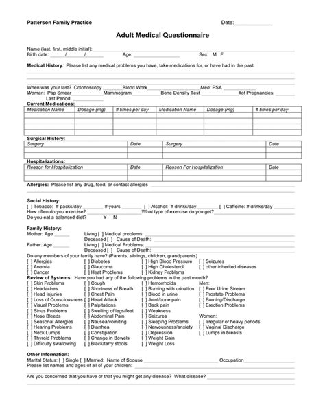 Adult Medical Questionnaire Sample In Word And Pdf Formats