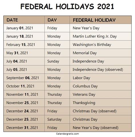 2021 Federal Holiday Calendar Printable Dayholie