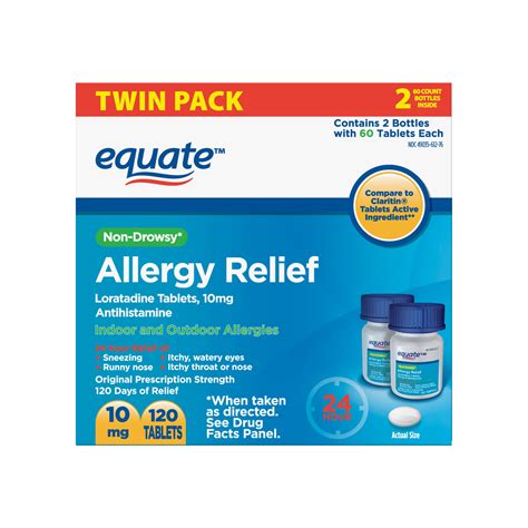 Equate Allergy Relief Loratadine Tablets 10 Mg Antihistamine 120 Count