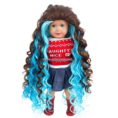 16inch Long Curly Wig Blue Mixed Brown Synthetic Hair Doll Wigs For