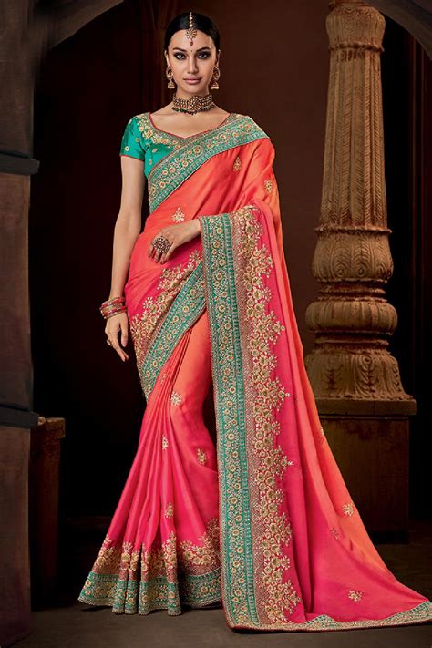 buy pink zari embroidered georgette saree online like a diva