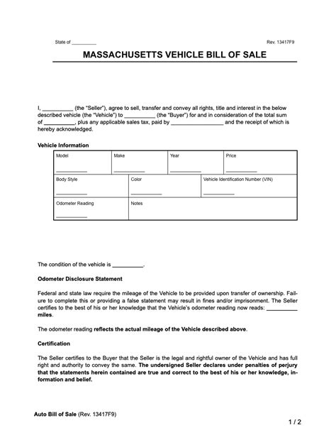 Free Massachusetts Bill Of Sale Forms Printable PDF Word