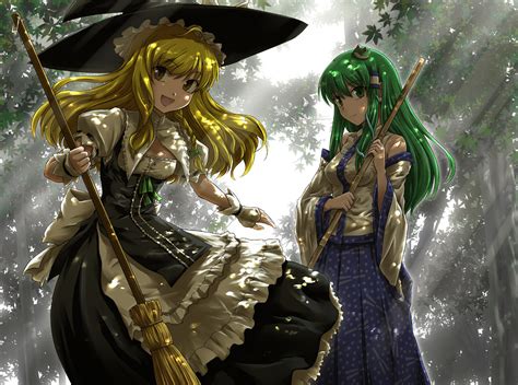 2girls blonde hair dress forest green eyes green hair hat japanese clothes kirisame marisa