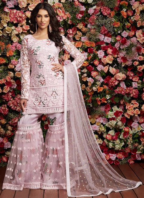 Light Pink Floral Embroidered Thread Gharara Suit Desi Wedding Dresses Pakistani Formal Dresses