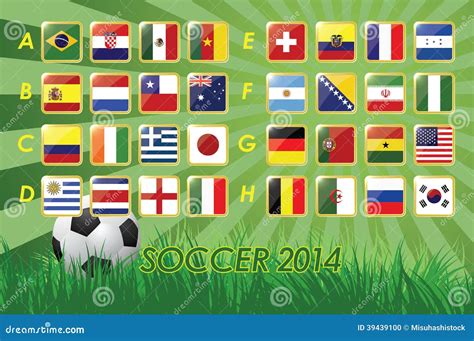 National Team Flags For Soccer 2014 On Grass Background And Soccer Ball