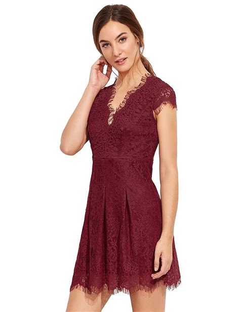Burgundy Deep V Neck Cap Sleeve Lace Dress Sheinsheinside