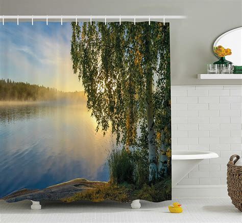 Nature Shower Curtain By Sunny Day By Misty Lake With Tree Summer