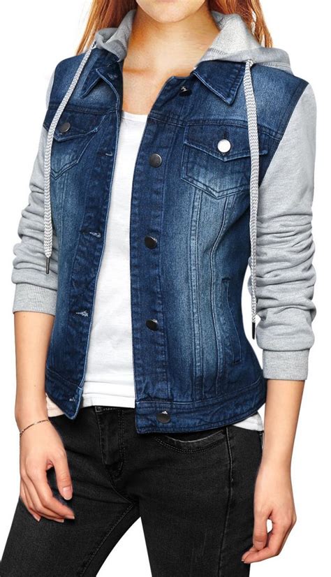 Allegra K Women Layered Drawstring Hood Denim Jacket w/ Pockets