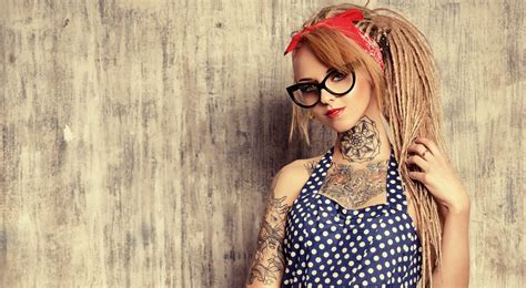 Wallpaper Model Women With Glasses Sunglasses Red Dress Tattoo Pattern Fashion Hair