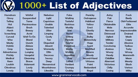 1000 List Of Adjectives Definition List And Pdf Link Grammarvocab