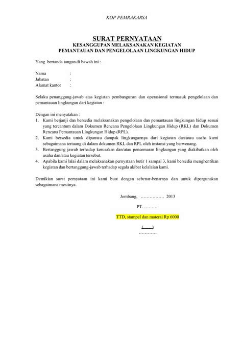 Contoh Surat Pernyataan Kesanggupan Rkl Rpl Download Pdf