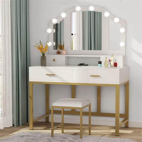 This makeup table with lighted mirror constitutes a perfect proposition for all who want to add a bit of the shabby chic glamour to the bedroom. 47" Large Elegant Vanity Set with Tri-Folding Lighted ...