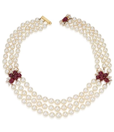Three Strand Cultured Pearl Ruby And Diamond Necklace Christies