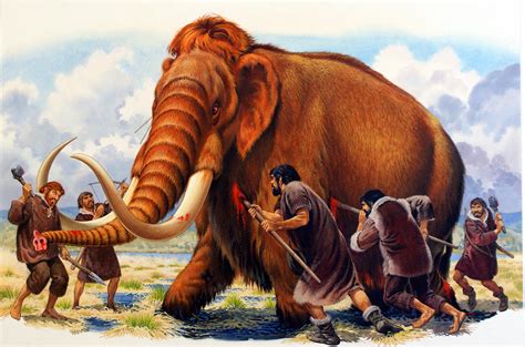Early Hunters Attacking A Woolly Mammoth Original By Bernard Long Art