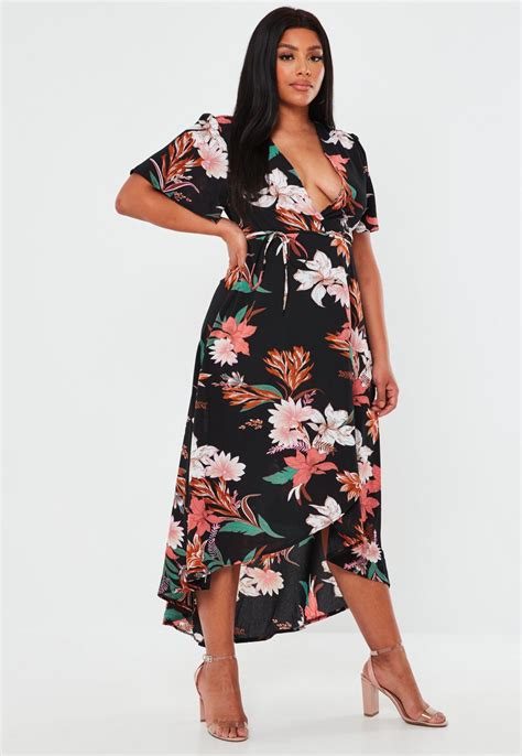 Plus Size Black Floral Print Wrap Dress Missguided
