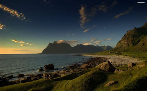 4560467 Cliff Midnight Island Beach Clouds Norway Sea Landscape