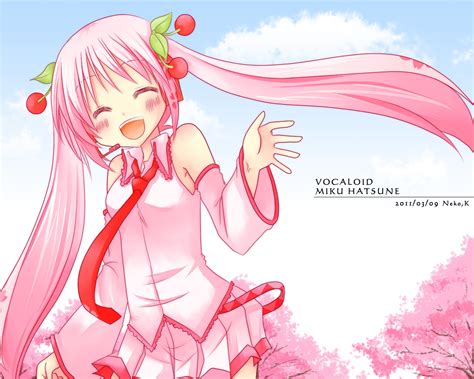 Cherry Blossoms Hatsune Miku Pink Hair Sakura Miku Sky Tie Twintails