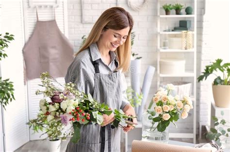 Female Florist With Beautiful Bouquet Stock Image Image Of Industry