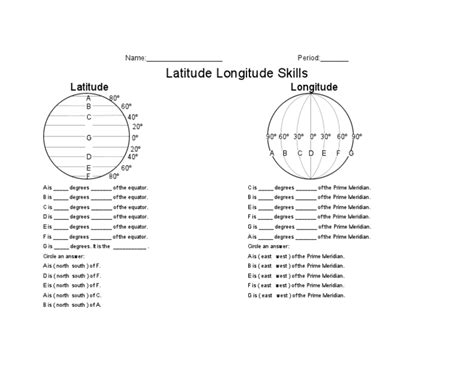 Point out to students that the locations of latitude and longitude on the worksheet map are the same for any map or globe. Latitude Longitude Skills Worksheet for 5th - 8th Grade | Lesson Planet