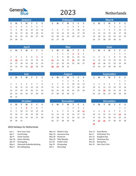 2023 Netherlands Calendar With Holidays